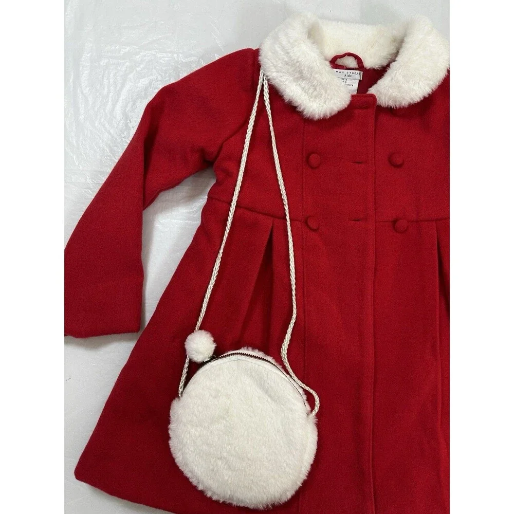 Max Studio Girls  Size 6 Red Swing Pea Coat With Faux Fur Purse.